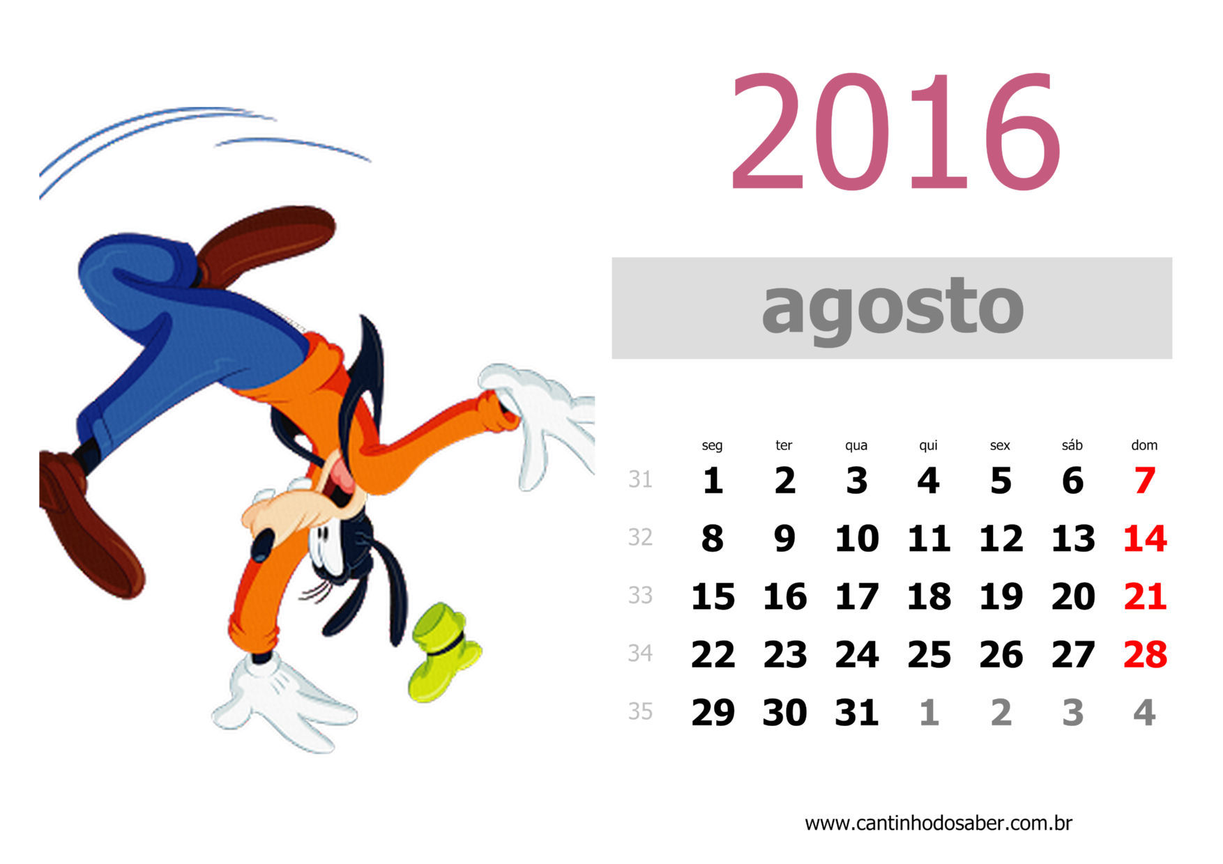 calendario 2016 mês de agosto