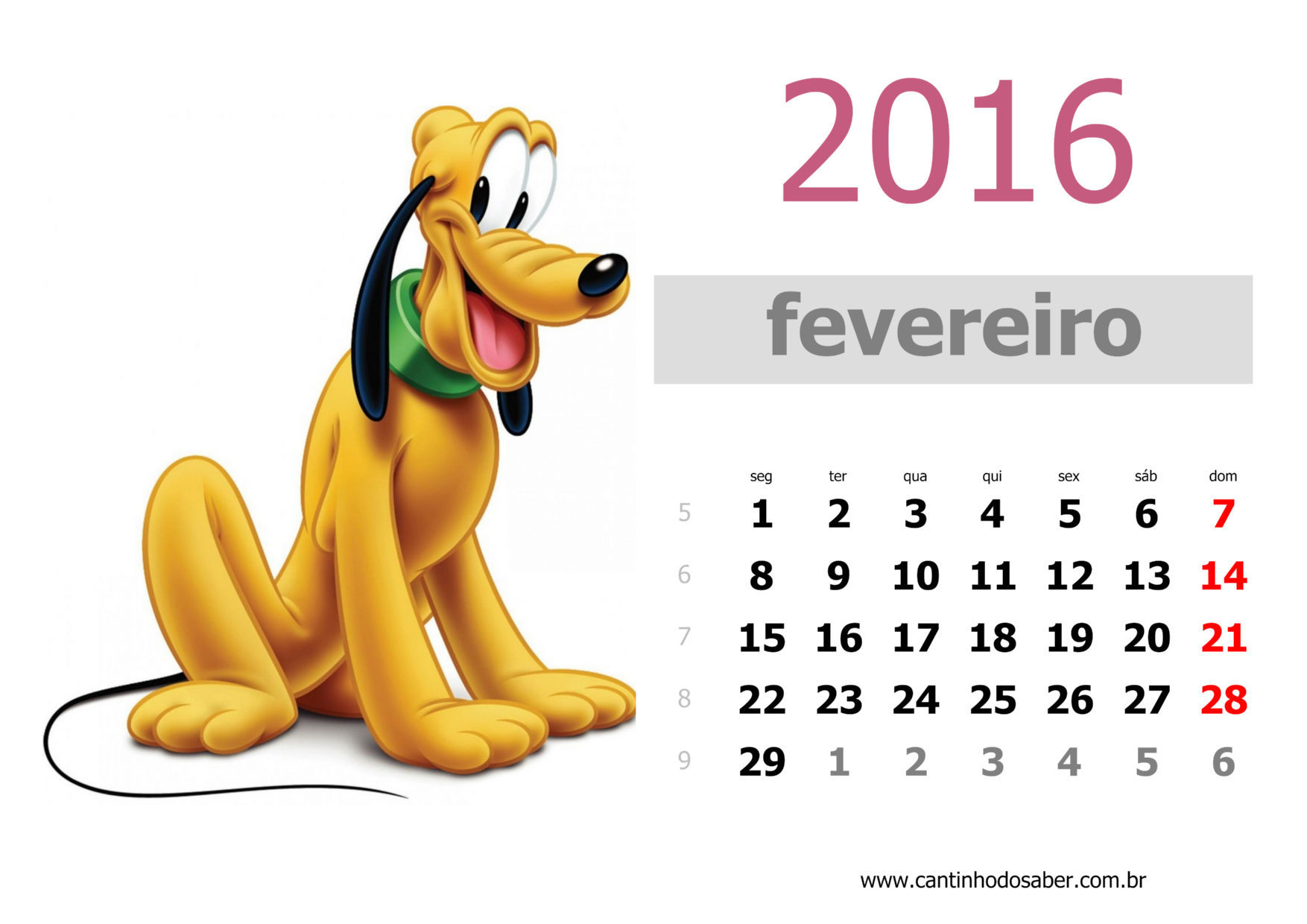 calendario 2016 mês de fevereiro