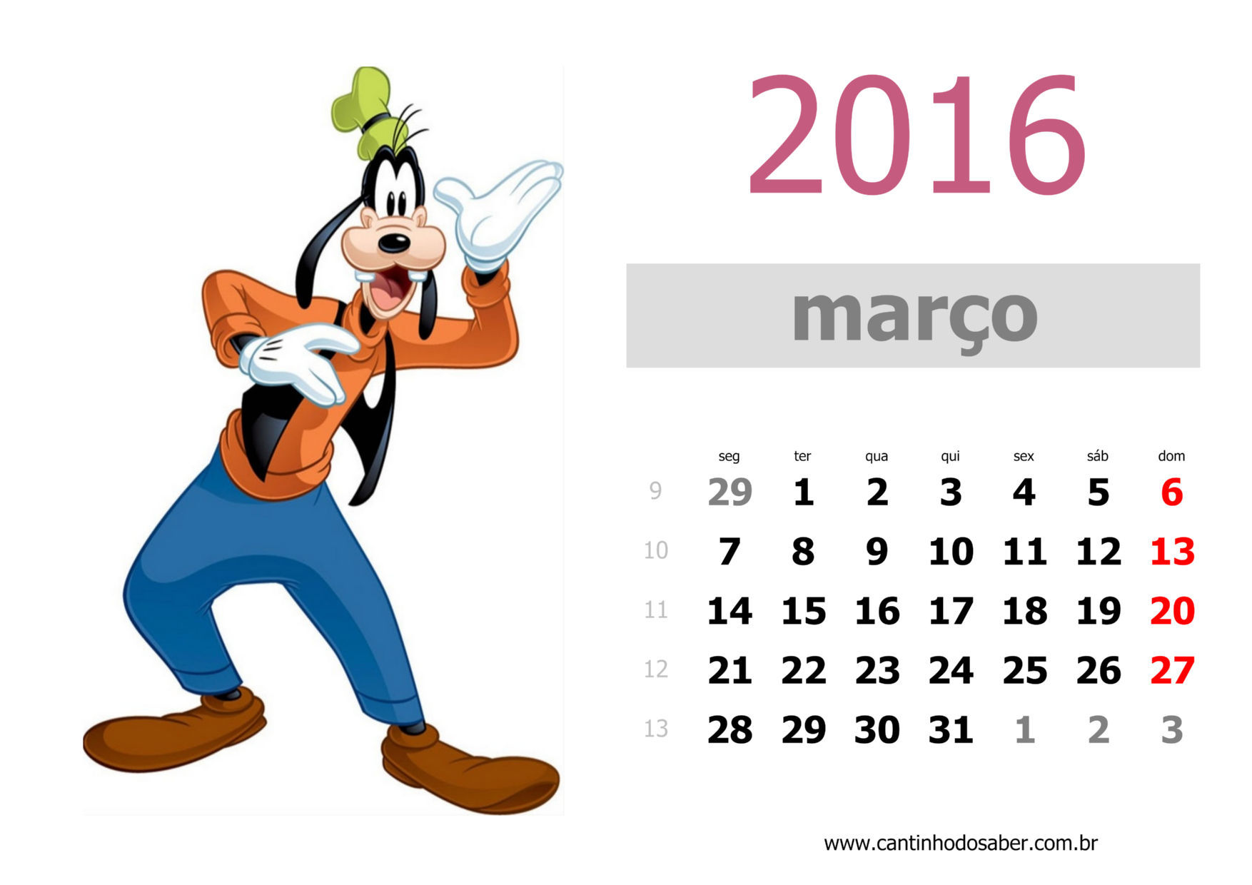 calendario 2016 mês de março
