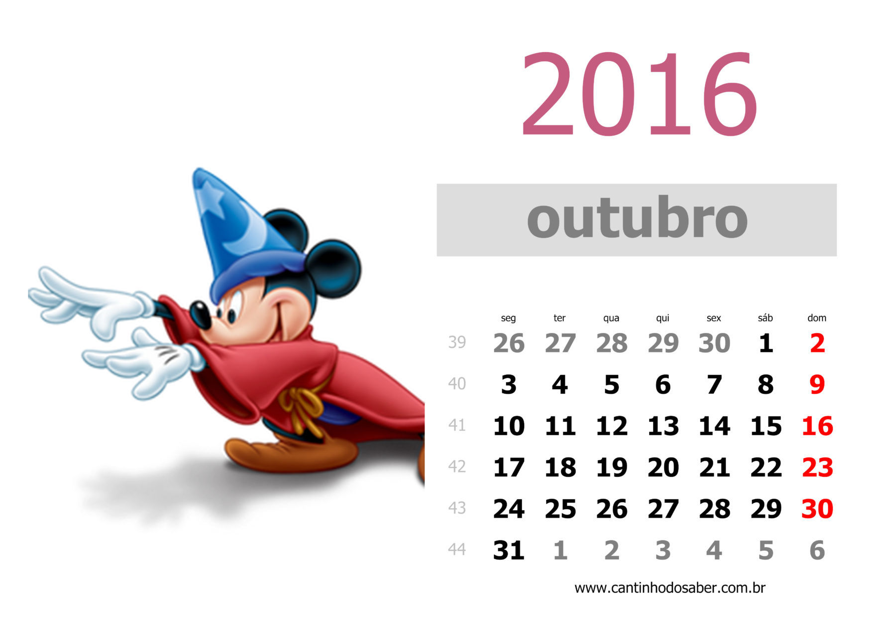 calendario 2016 mês de outubro