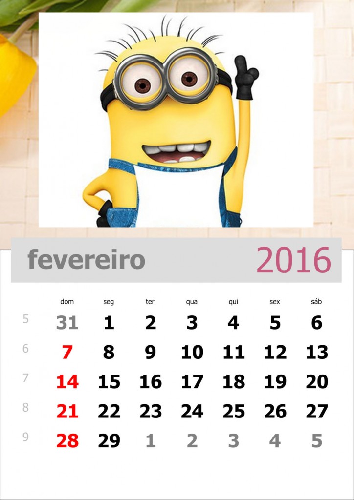 calendário dos minions mês de fevereiro de 2016