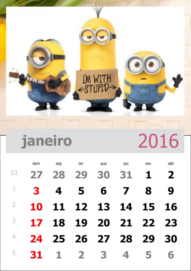 calendário dos minions mês de janeiro de 2016