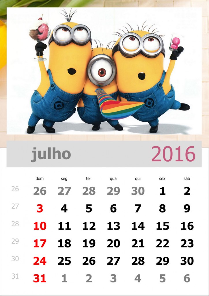 calendário dos minions mês de julho de 2016
