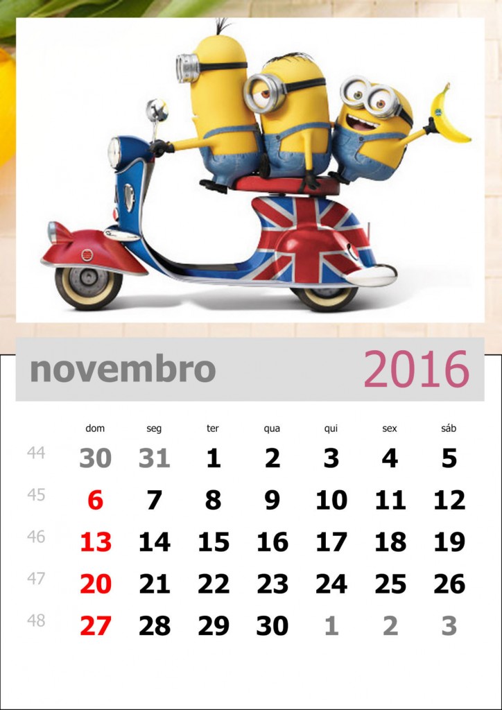 calendário dos minions mês de novembro de 2016