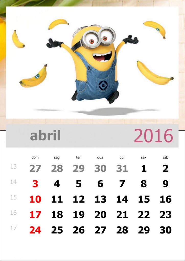 calendário dos minions mês de abril de 2016