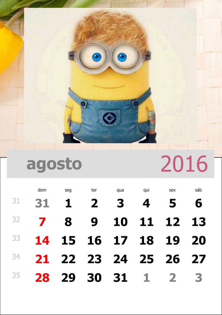 calendário 2016 dos minions mês de agosto