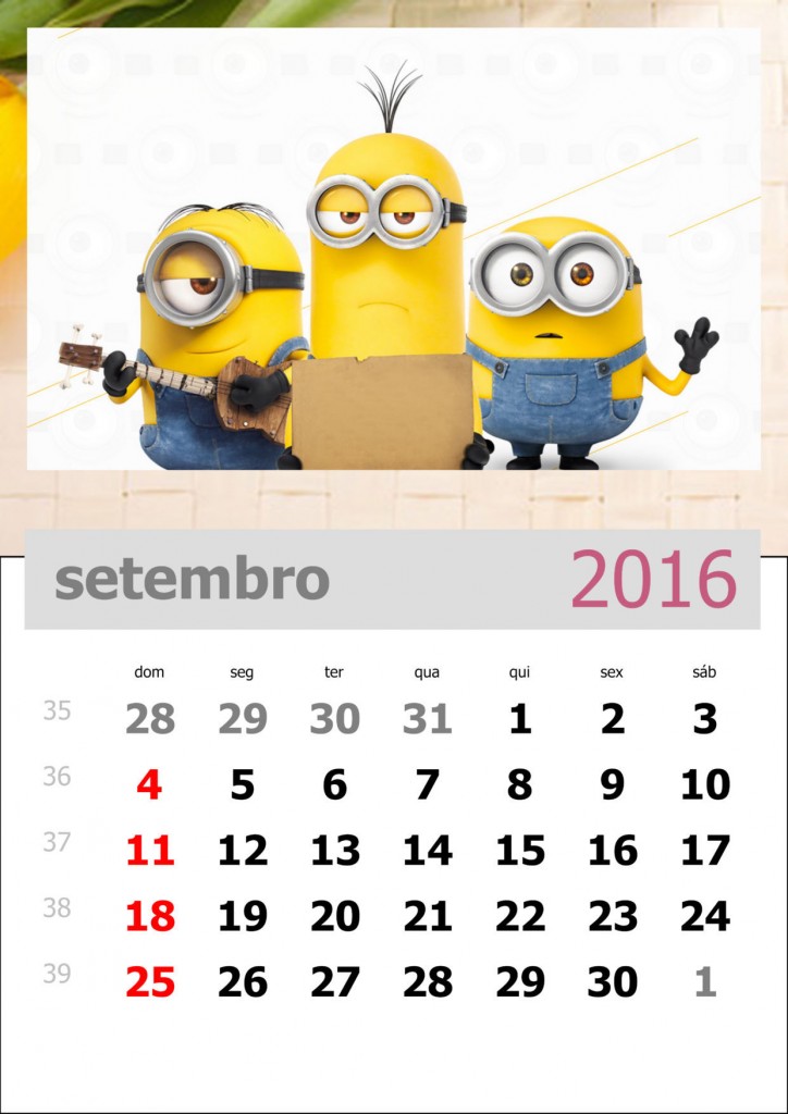 calendário 2016 dos minions mês de setembro