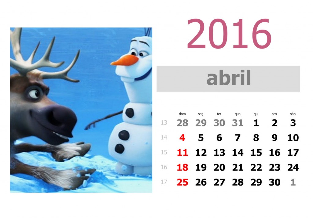 Calendário frozen 2016 para imprimir - abril