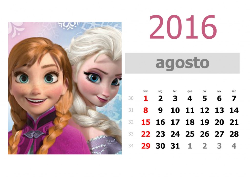Calendário frozen 2016 para imprimir - agosto