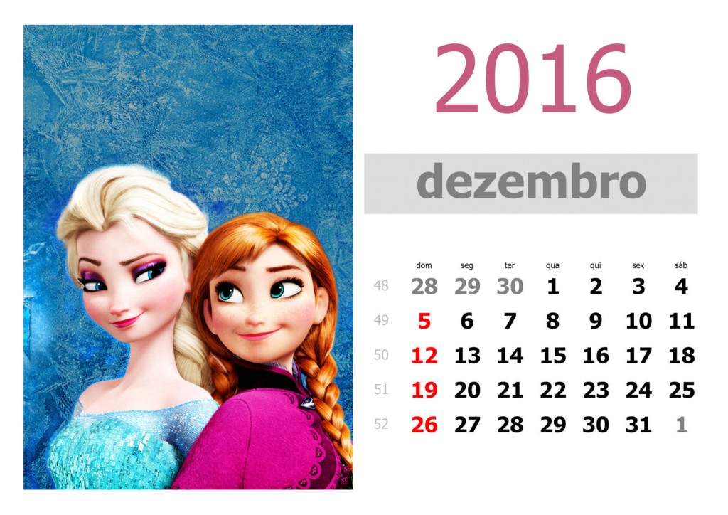 Calendário frozen 2016 para imprimir - dezembro