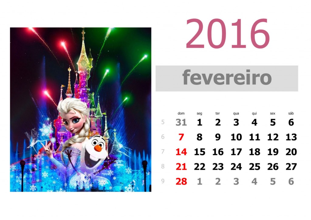 Calendário frozen 2016 para imprimir - fevereiro