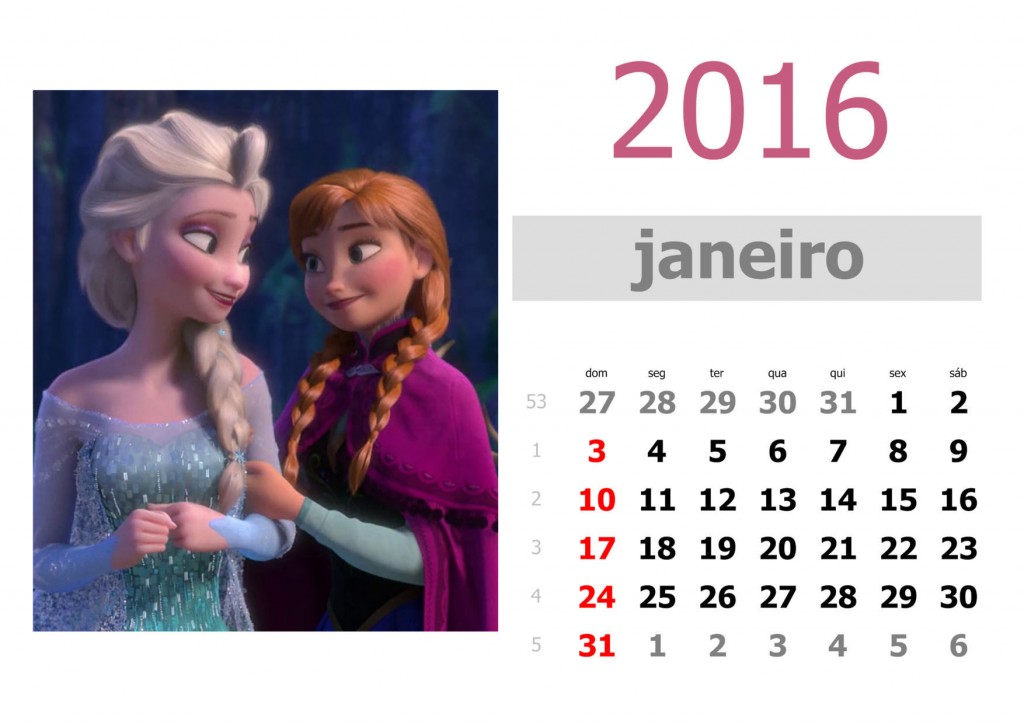 Calendário frozen 2016 para imprimir - janeiro