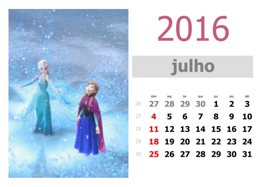 Calendário frozen 2016 para imprimir - julho