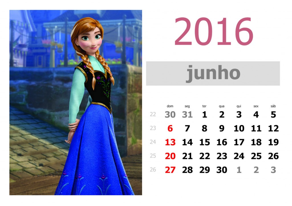 Calendário frozen 2016 para imprimir - junho