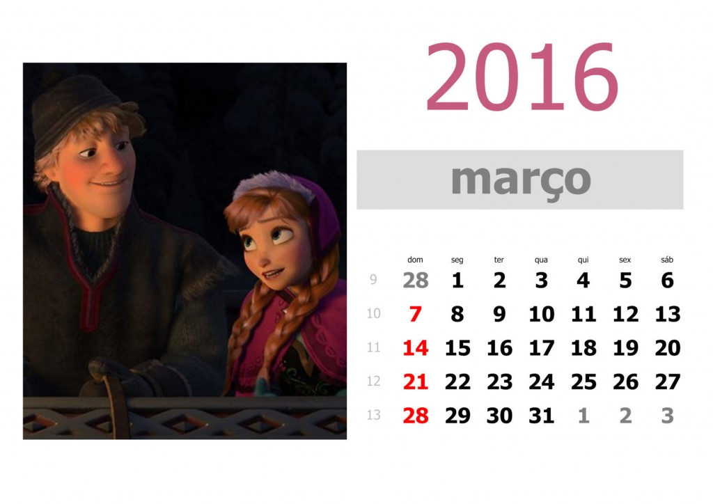 Calendário frozen 2016 para imprimir - março