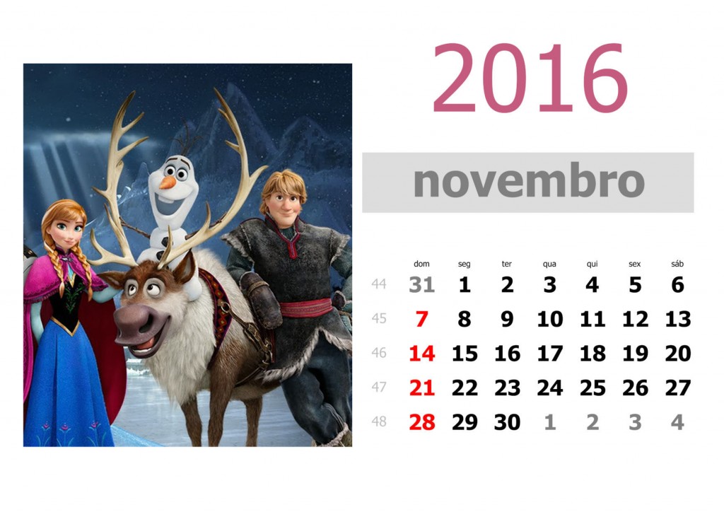 Calendário frozen 2016 para imprimir - novembro