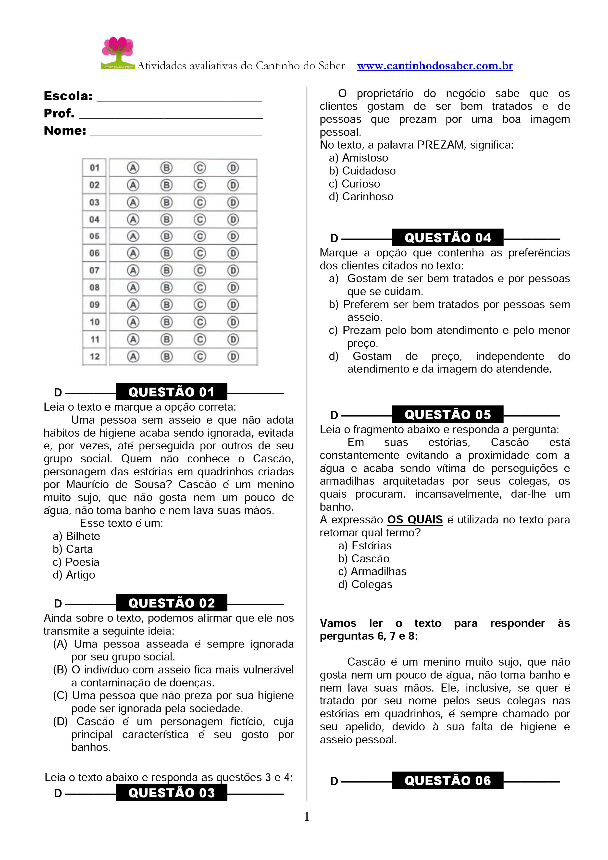 Simulado de Matemática para o 3° ano do Ensino Fundamental I