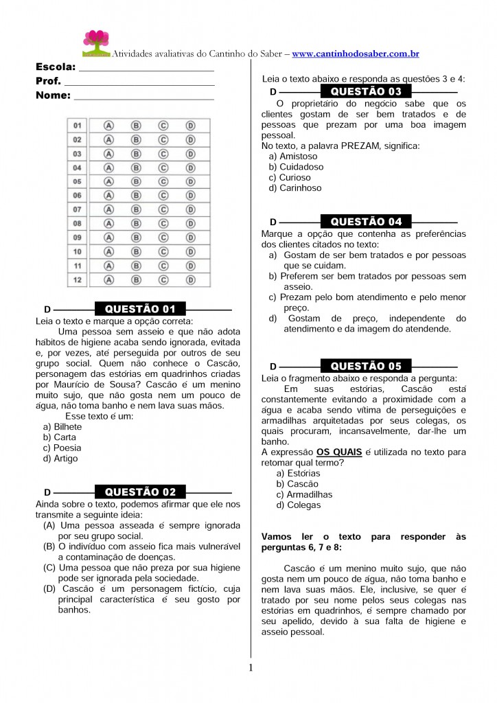 Simulado De Português Para O Terceiro Ano