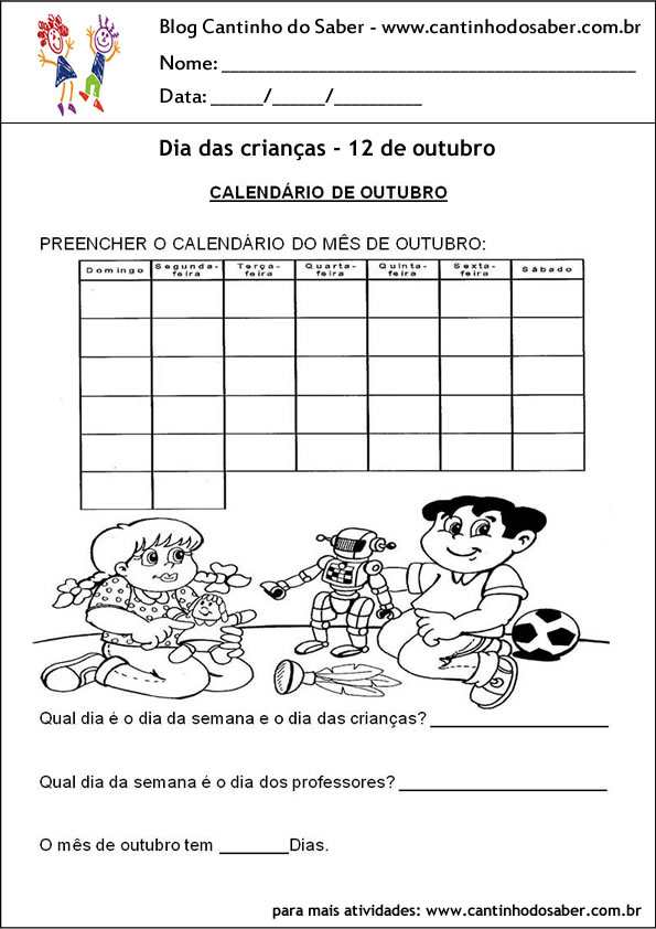 atividade para o dia das crianças e calendario de outubro