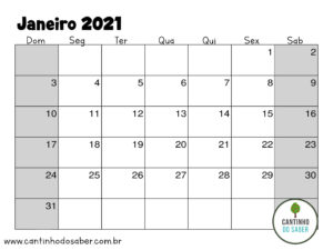 calendario de janeiro 2021