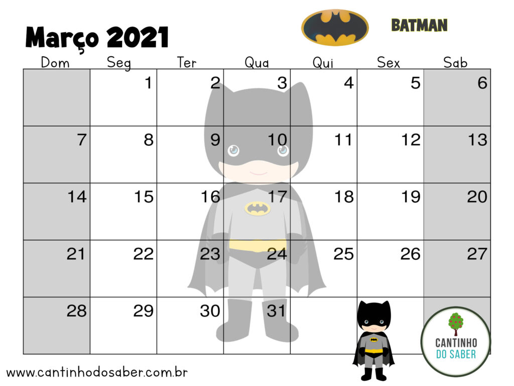 calendario super herois do batman marco 2021