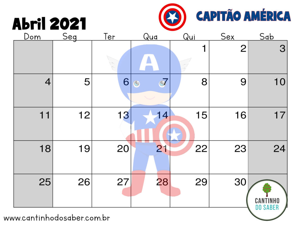 calendario super herois do capitão américa abril 2021