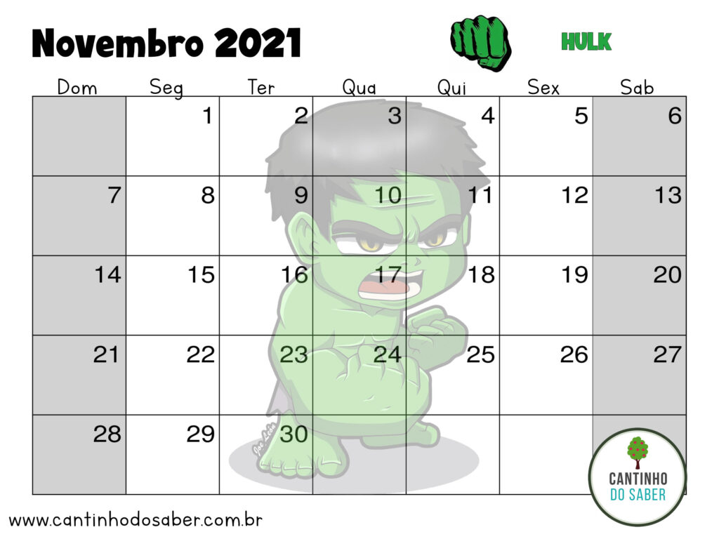 calendario super herois do hulk novembro 2021