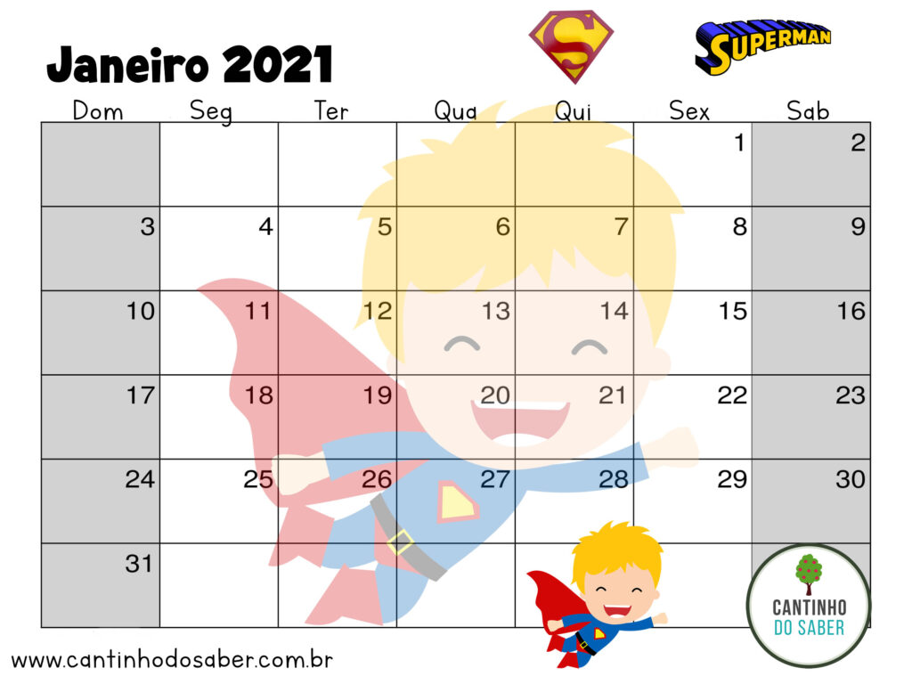 calendario super herois do super homem janeiro 2021