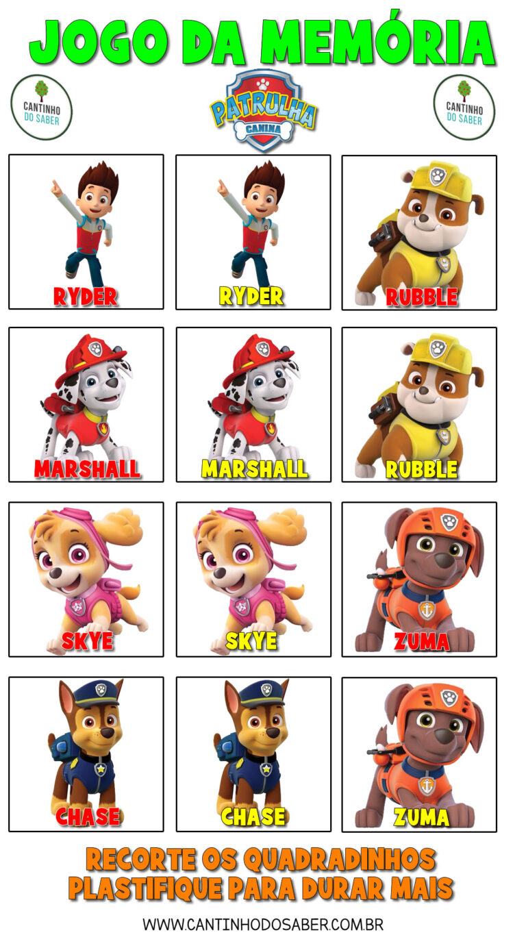jogo da memória da patrulha canina para imprimir - Atividades para a ...