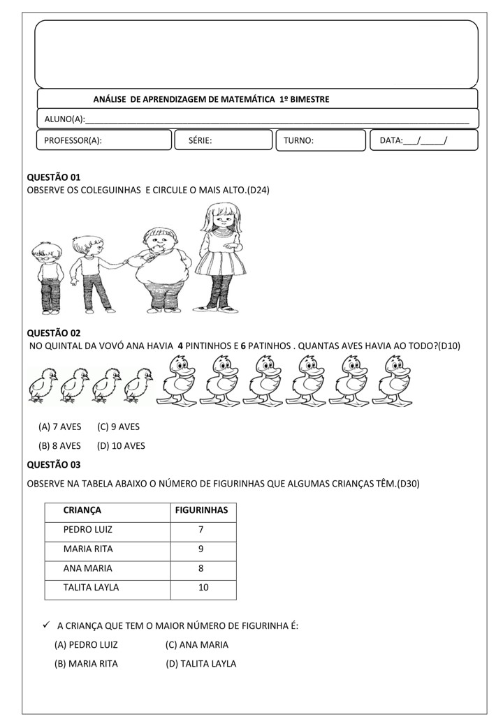 AVALIAÇÃO DE MATEMÁTICA PARA O 4 ANO - 1 BIMESTRE - Atividades para a  Educação Infantil - Cantinho do Saber