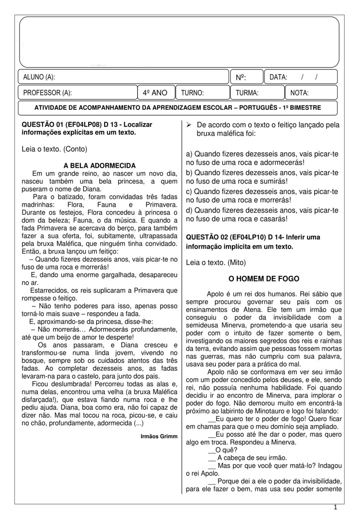 AVALIAÇÃO DE PORTUGUÊS PARA O 4 ANO - A BELA ADORMECIDA - 1 BIMESTRE ...
