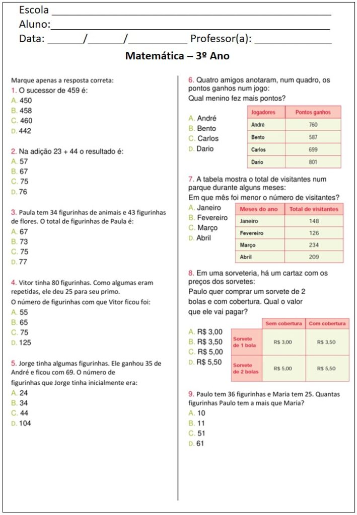 Avaliação de Matemática 4º Ano III Trimestre, PDF