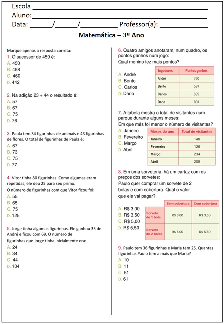 Avaliação de matemática 1º Ano EF - 3º bimestre