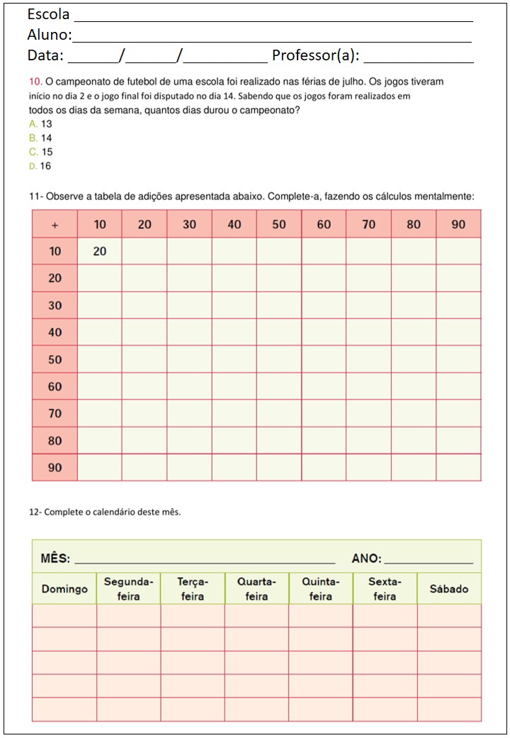 Avaliação de Matemática para o 3º ano / 2º Bimestre