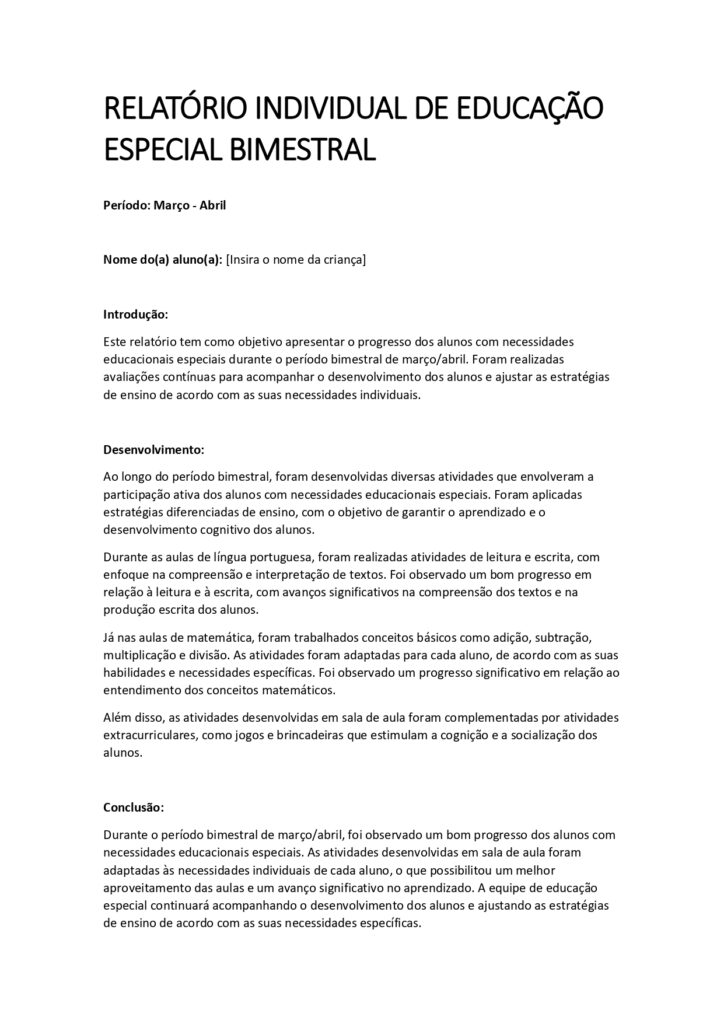 RELATÓRIO INDIVIDUAL EDUCAÇÃO ESPECIAL BIMESTRAL 1