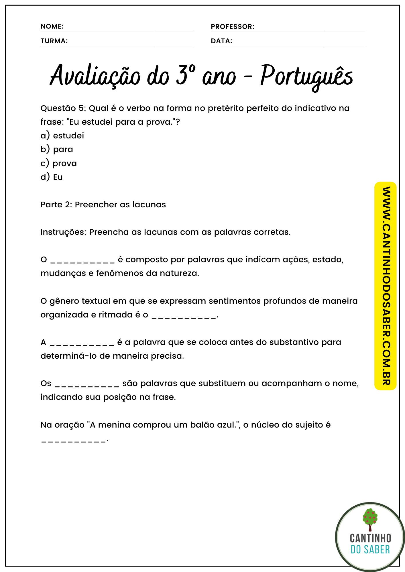 Avaliação De Português 3 Ano 4 Bimestre Para Imprimir - FDPLEARN
