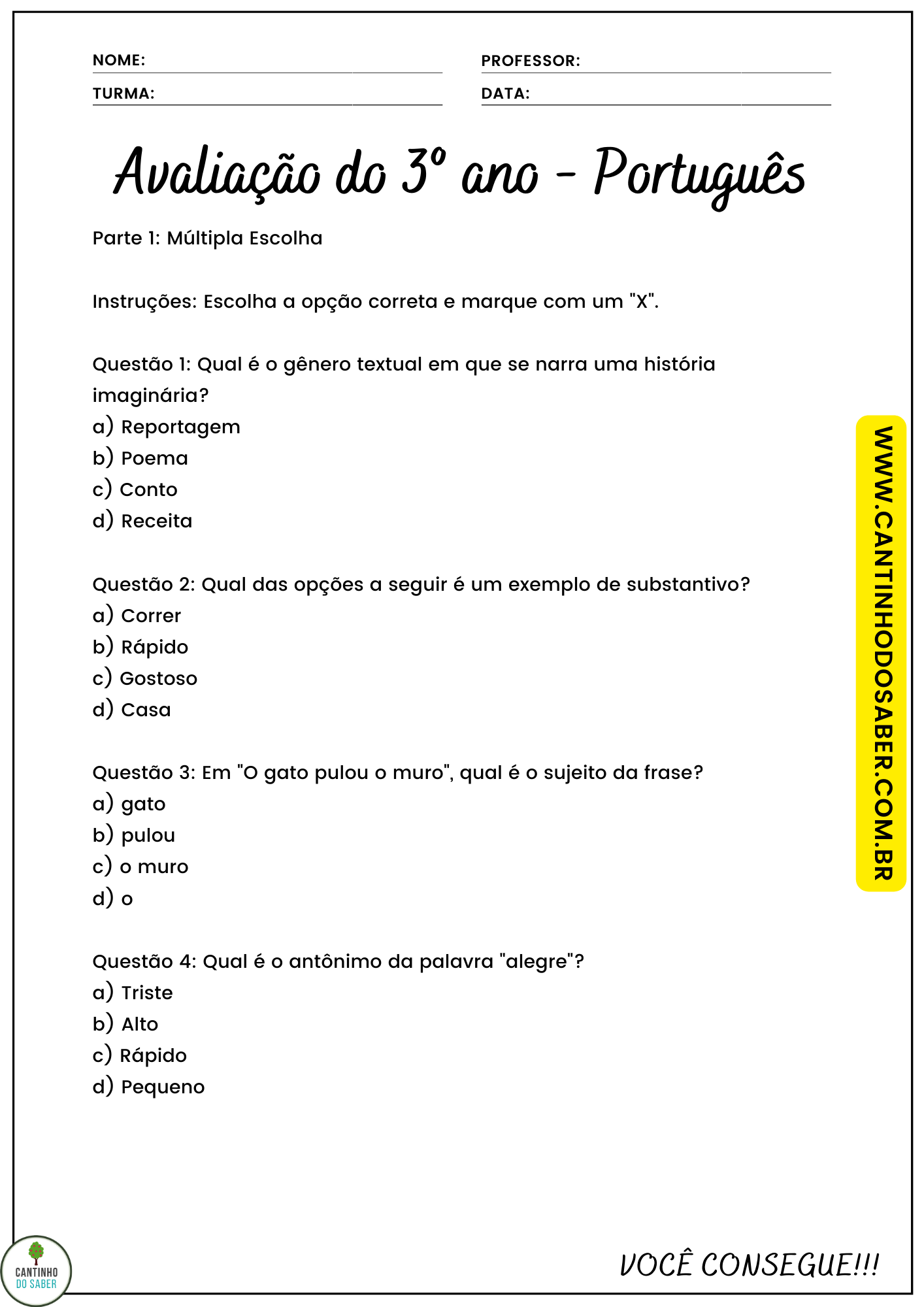AVALIAÇÃO 3 ANO DE PORTUGUÊS - 4 BIMESTRE - Atividades para a Educação ...