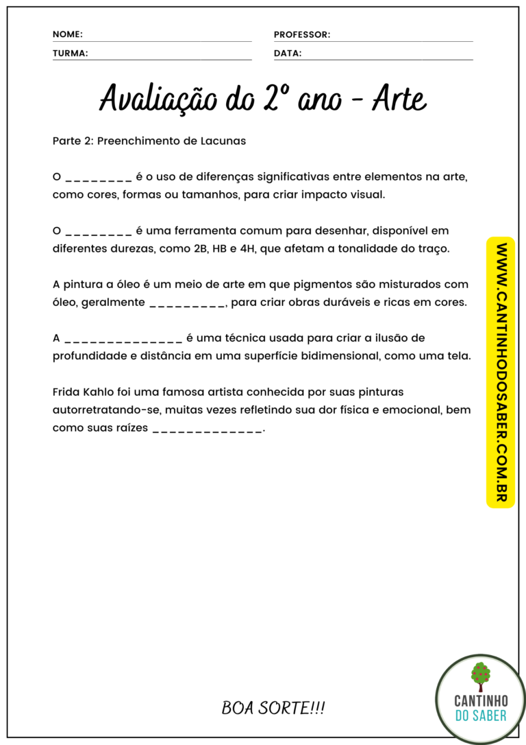 AVALIAÇÃO DE ARTES 2º ANO - 3º BIMESTRE - ENSINO FUNDAMENTAL