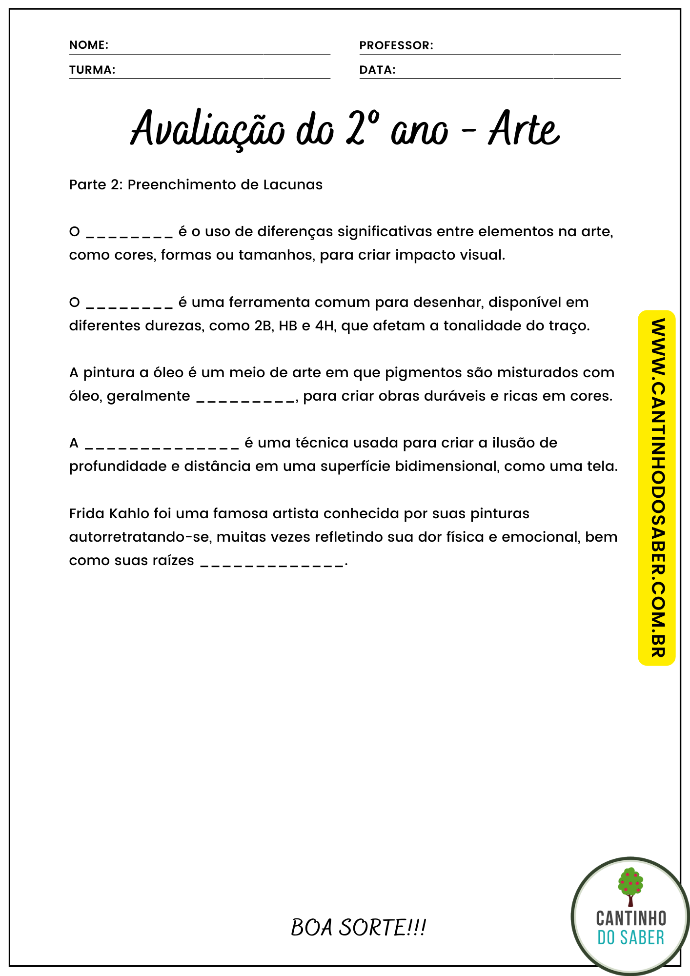 AVALIAÇÃO DE ARTES 3º ANO - 3º BIMESTRE - ENSINO FUNDAMENTAL