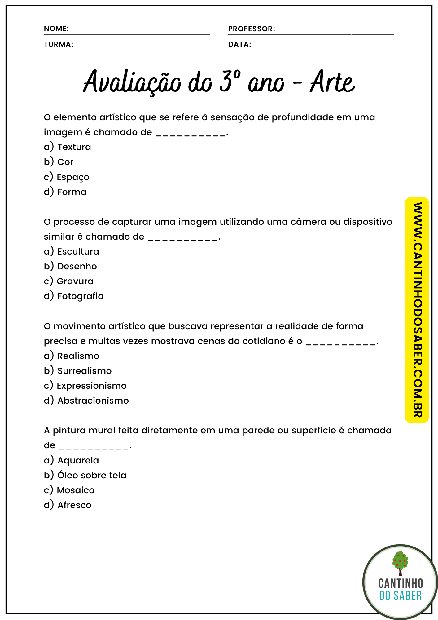 AVALIAÇÃO DE ARTES 3º ANO - 3º BIMESTRE - ENSINO FUNDAMENTAL