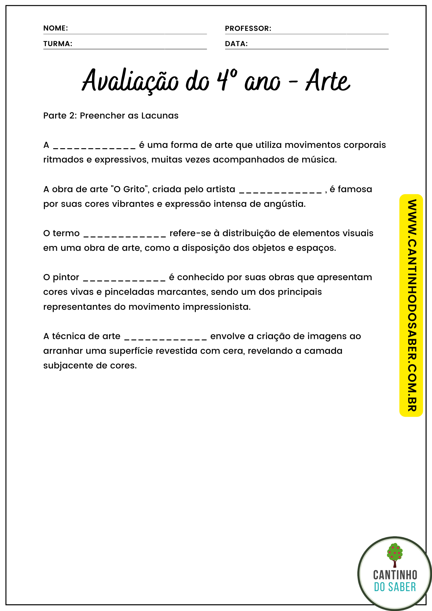 AVALIAÇÃO DE ARTES 3º ANO - 3º BIMESTRE - ENSINO FUNDAMENTAL