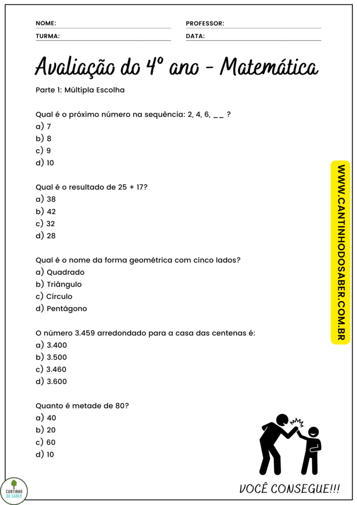 Avaliação de Matemática 4º Ano III Trimestre, PDF