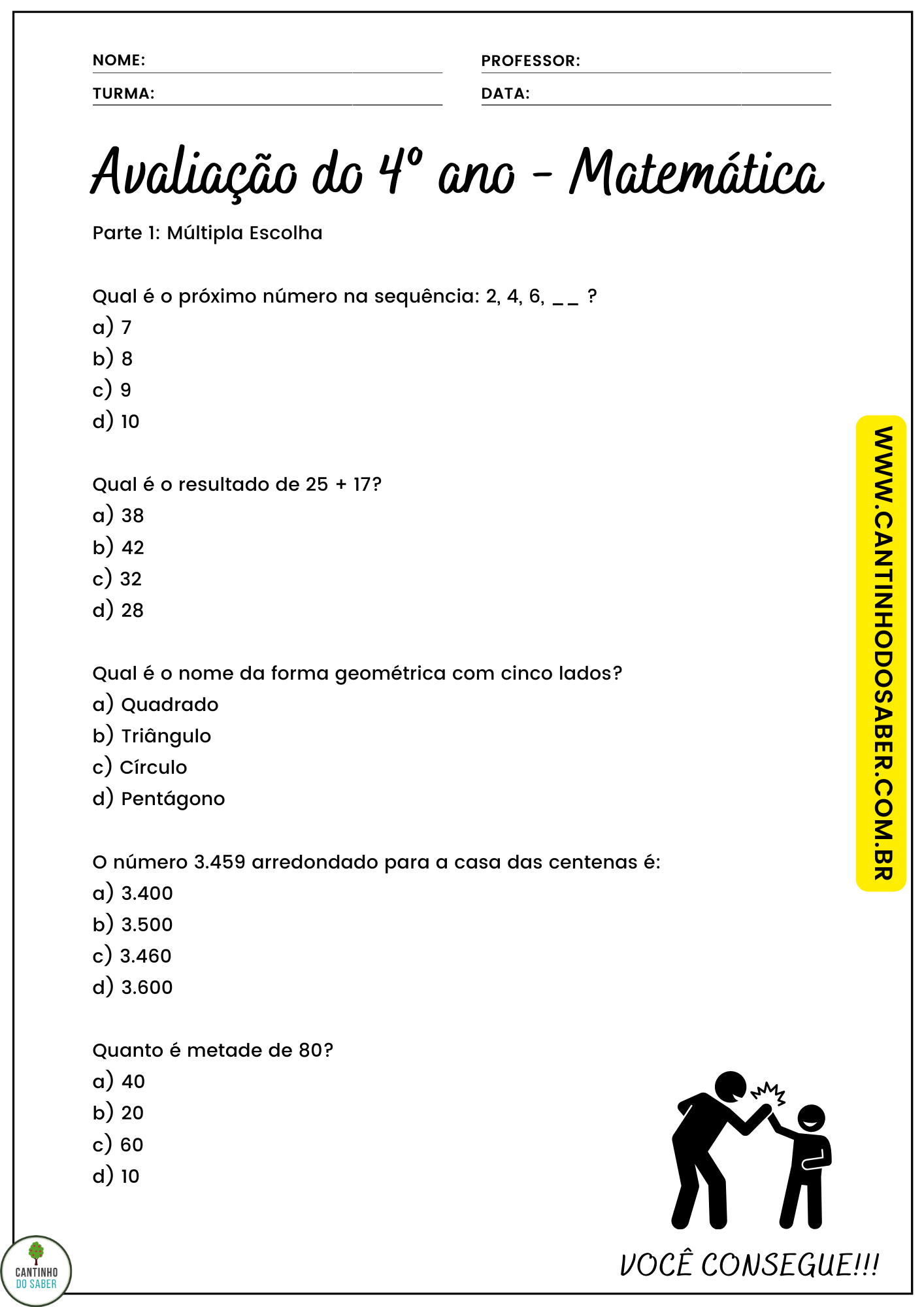 AVALIAÇÃO DE MATEMÁTICA PARA O 4 ANO - 1 BIMESTRE - Atividades para a  Educação Infantil - Cantinho do Saber