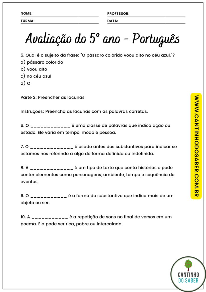 AVALIAÇÃO 5 ANO DE PORTUGUÊS - 4 BIMESTRE