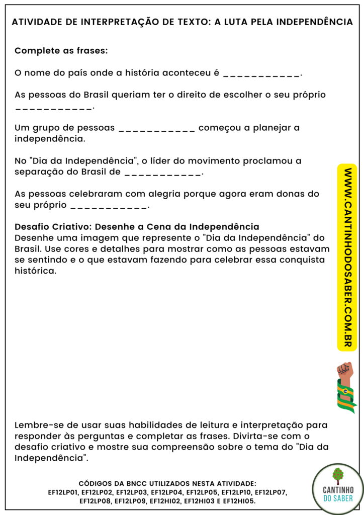 atividade de interpretação de texto - 2 ano - dia da independência do brasil