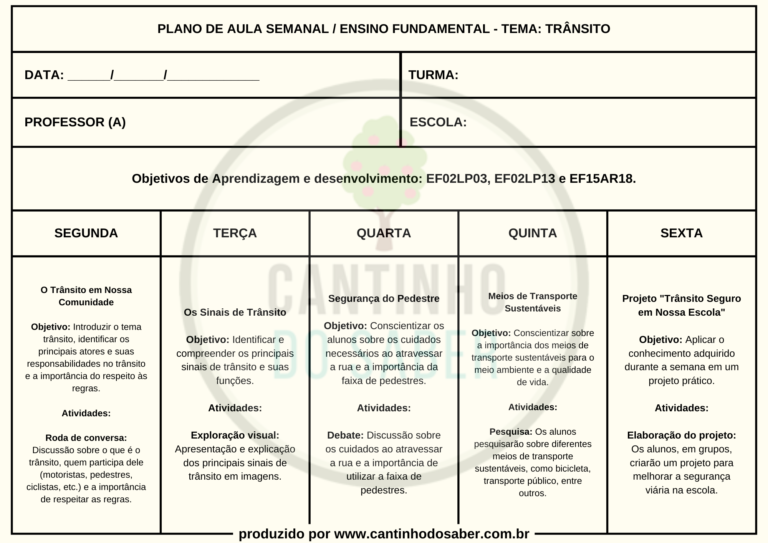 Planejamento Semanal Sobre O Trânsito - Ensino Fundamental - Atividades ...