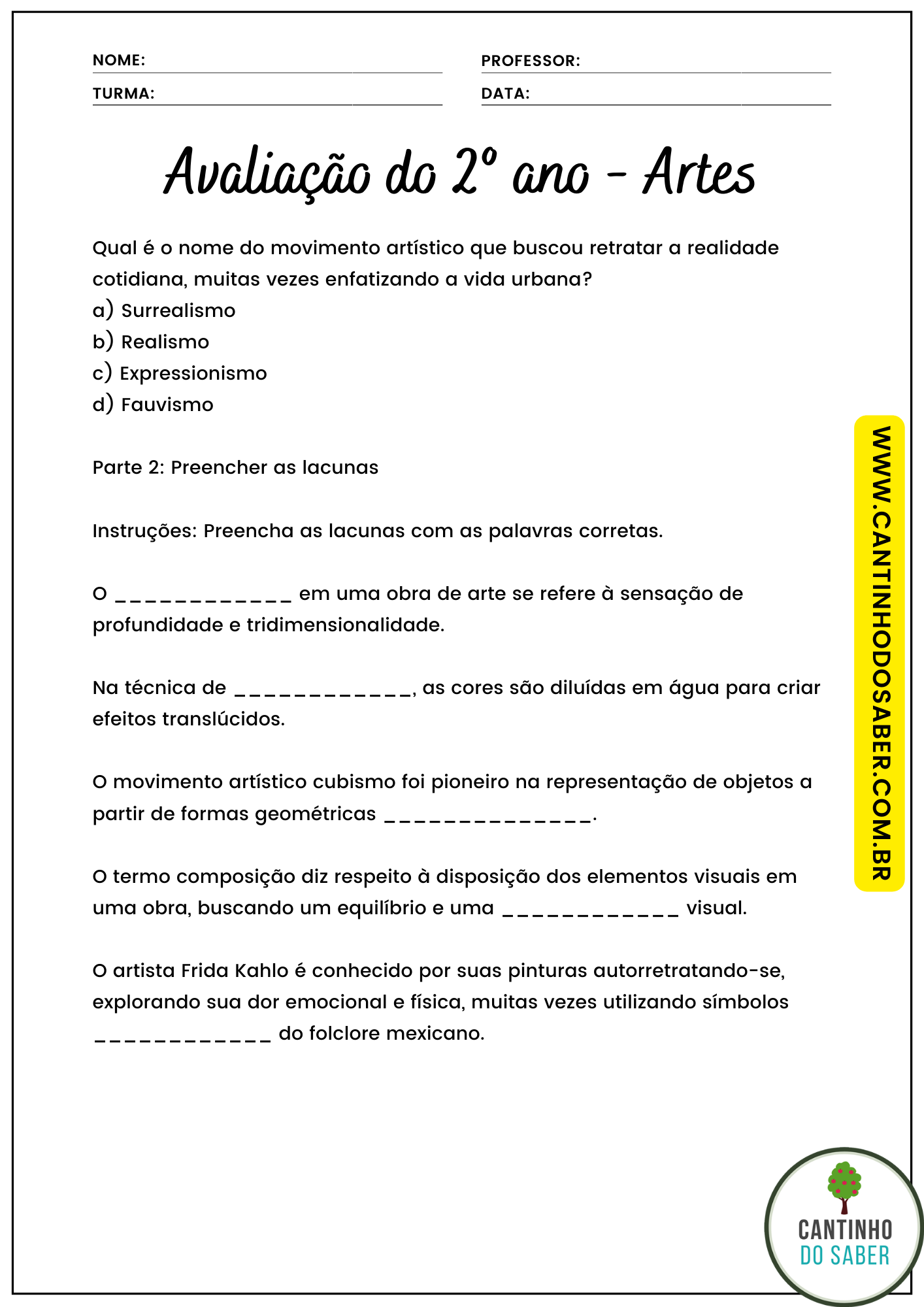Avaliação De Artes 2 Ano Ensino Fundamental - FDPLEARN