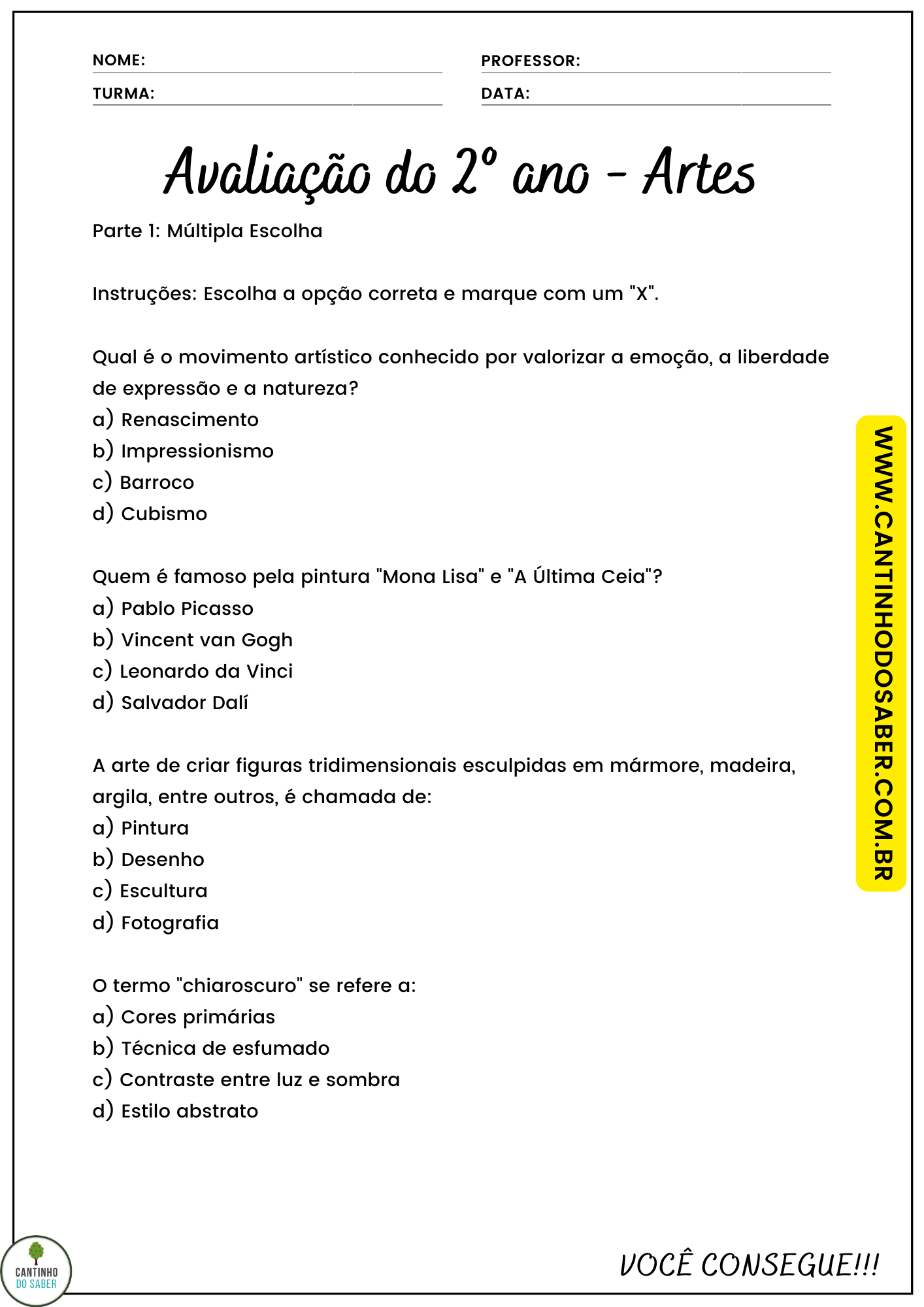 AVALIAÇÃO DE ARTES 2º ANO - 4º BIMESTRE - ENSINO FUNDAMENTAL