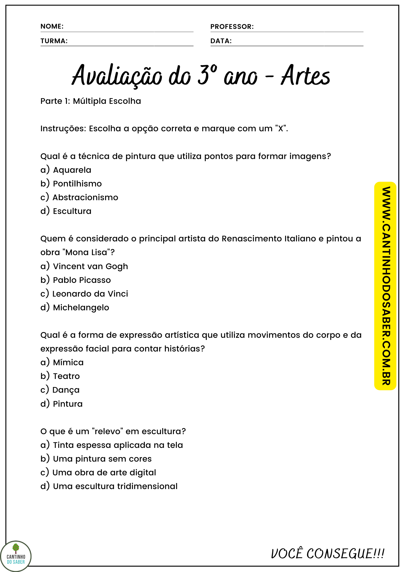 AVALIAÇÃO 3 ANO DE ARTES - 4 BIMESTRE - Atividades para a Educação ...