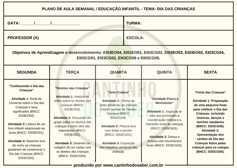 PLANO DE AULA SEMANAL SOBRE O DIA DAS CRIANÇAS DA EDUCAÇÃO INFANTIL ALINHADO COM A BNCC